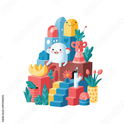 Colorful cartoon bear on blocks tower.
