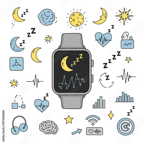 Smartwatch with sleep tracking data surrounded by icons representing sleep, dreams, heart rate, and brain activity.