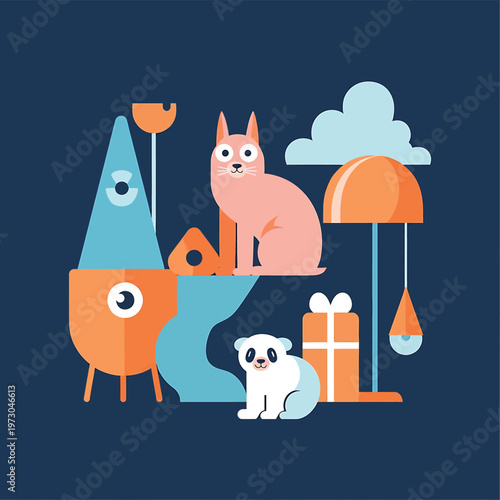 Cartoon cat and dog sitting together.