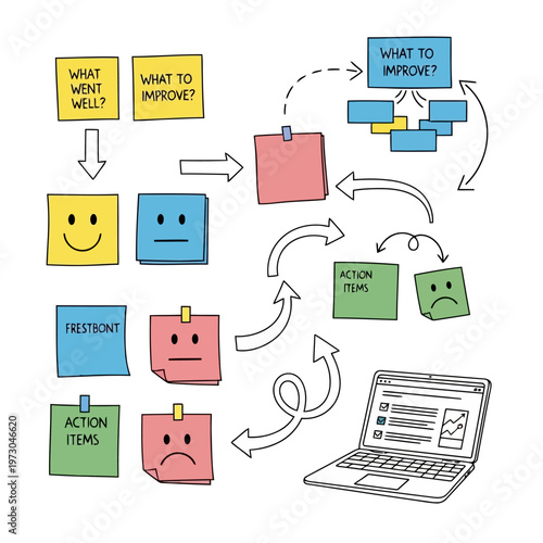 Retro retrospective meeting infographic with sticky notes and business icons for team collaboration feedback project management process improvement and laptop display.