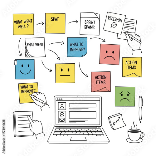 Business process retrospective illustration with hand drawing on sticky notes and laptop screen interface for team planning review and corporate workflow management.