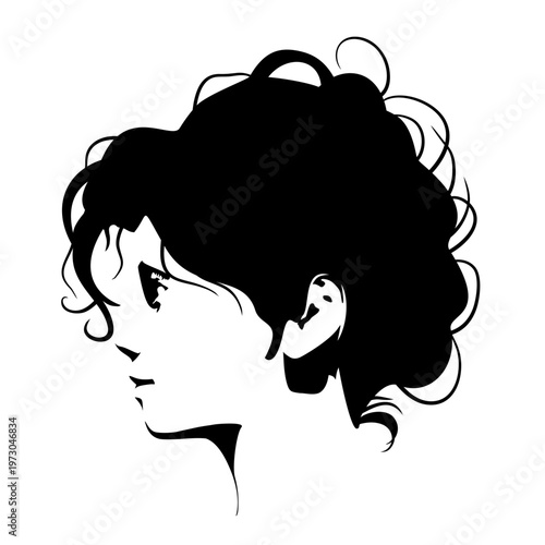 Young woman face side view in low key style. Elegant silhouette of a female head. Positive emotions.