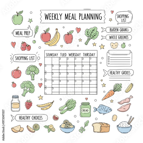 Weekly meal planning set calendar with food items and grocery list for healthy eating preparation and shopping organized schedule.