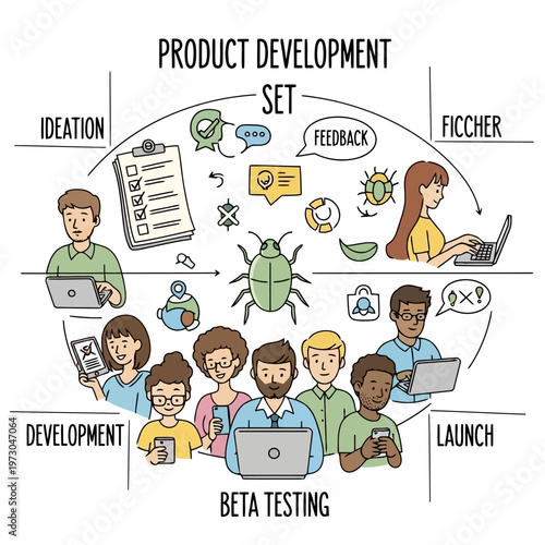 Product development lifecycle set with ideation development beta testing and launch stages featuring diverse team working on laptops and tablets in circular frame.