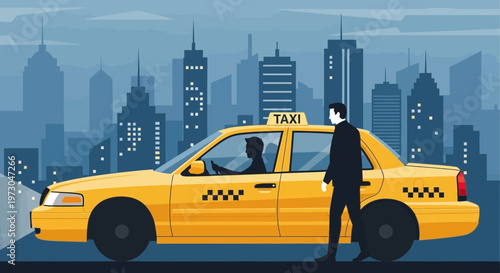 Yellow taxi cab with driver and passenger in front of city skyline