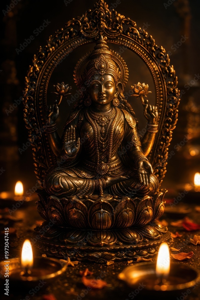 Fototapeta premium Gilded idol of goddess lakshmi surrounded by diya lamps with religious, blessing