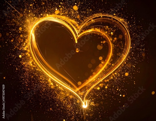 Glowing golden heart with sparks on a dark background, abstract romantic design