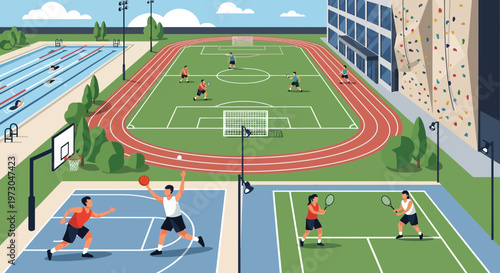 Outdoor Sports Complex with Soccer, Basketball, Tennis, Swimming, and Climbing