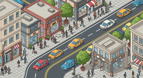 Isometric cityscape with busy street, cars, pedestrians, and shops
