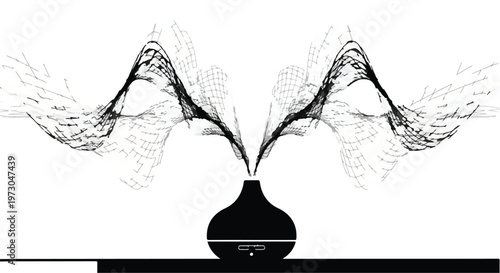 Abstract black diffuser releasing ethereal wisps of dark smoke against a white background.