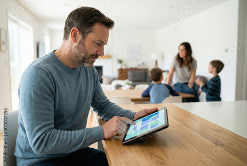 Man using digital tablet at home table with family in background. Father working with electronic device while wife and kid interact in living room. Domestic life and technology concept.