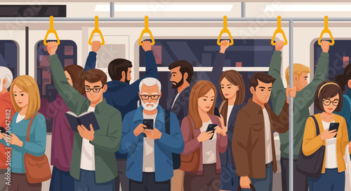 Diverse commuters using smartphones and reading on a crowded subway train, daily commute illustration