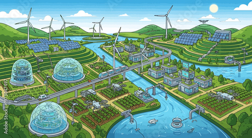 Sustainable Eco City with Renewable Energy, Green Architecture, and Futuristic Transport