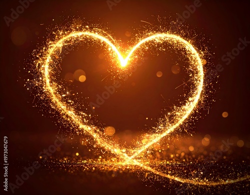 Glowing heart shape created by golden particles on dark background