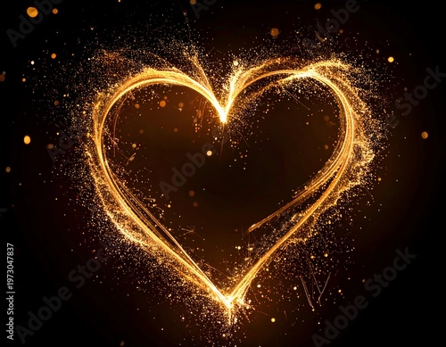 Glowing heart shape created from particles on black background, expressing love and warmth