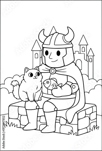 Halloween coloring page of a cute vicing wizard with a cat and fish
