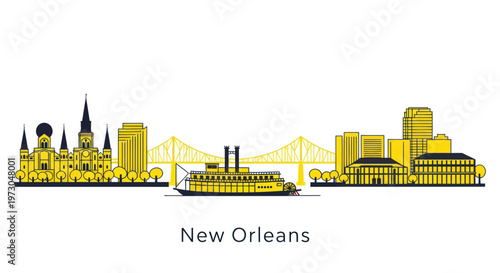 New Orleans Skyline with Steamboat and Bridge, Yellow Silhouette