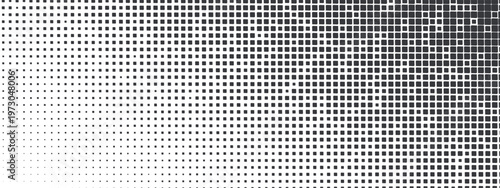Black halftone gradient pattern. Square dot grid fading from dense to sparse. Horizontal transition texture. Comic overlay, retro poster, manga background, screen tone, pixel effect design. Vector.