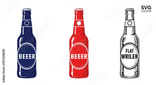 Three Beer Bottles: Blue, Red, and Sketch Style
