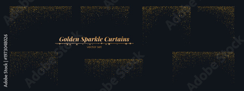 Gold glitter curtain set. Falling sparkle particle rain on dark backdrop. Vertical shimmering star trails, dust shower effect. Luxury party overlay, award ceremony, celebration design. Vector.