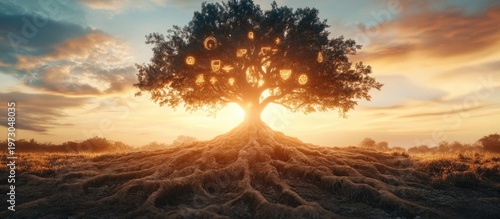 Mystical Tree of Knowledge: Glowing Symbols at Sunset, Roots Spread Wide