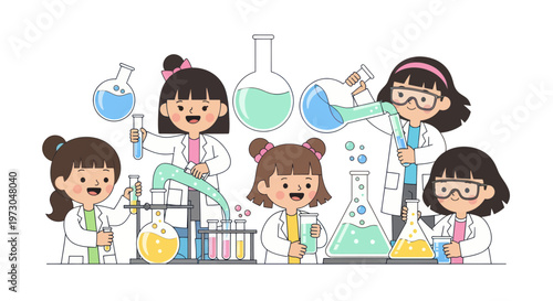 Young girls in lab coats conducting science experiments with colorful liquids in beakers