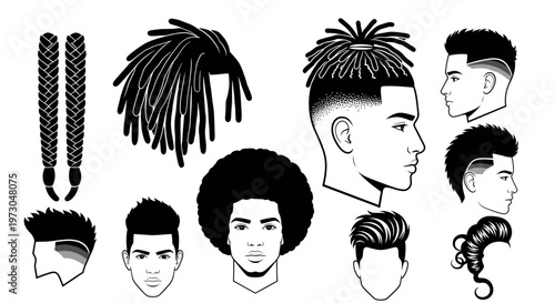 Diverse Black Male Hairstyles Collection: Dreadlocks, Braids, Afro, Fade