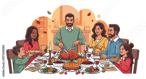 Happy family gathering around a table laden with Thanksgiving dinner, with a father carving the turkey