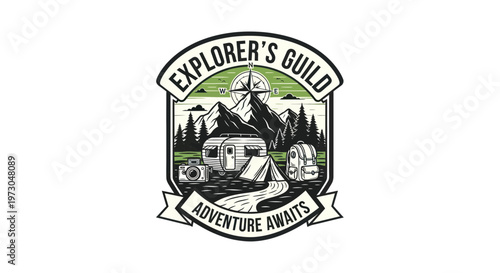 Explorer's Guild Adventure Awaits Vintage Badge - Camping, Mountains, Travel Emblem