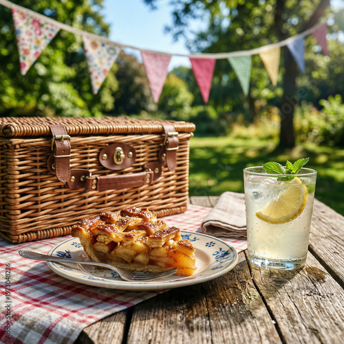 slice of lattice apple pie with fork and fresh glass of lemonade on plaid tablecloth
