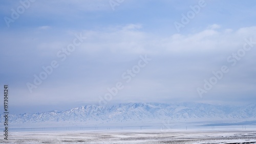 Winter landscape in Kazakhstan. Road A351 near Kokpek. 