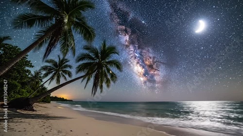 Tropical beach at night featuring leaning palm trees on a sandy shore under a clear sky with the Milky Way galaxy, a crescent moon, and gentle ocean waves under a starry night sky.
