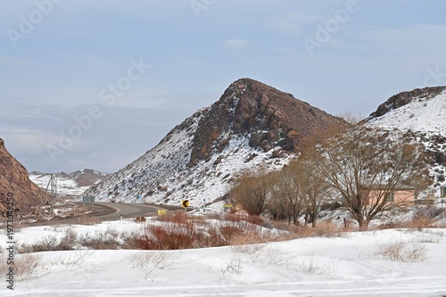 Winter landscape in Kazakhstan. Road A351 near Kokpek. 