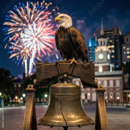 proud bald eagle sitting on vintage wooden beam of liberty bell with city night background and bright festive fireworks in sky