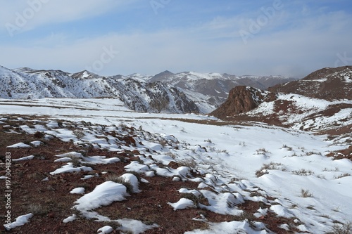Winter landscape in Kazakhstan. Road A351 near Kokpek. 