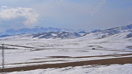 Winter landscape in Kazakhstan. Road A351 near Kokpek. 