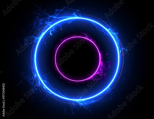 Glowing neon blue and pink concentric circles with ethereal particle effect on black background