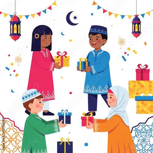 Children exchanging gifts on festive occasion.