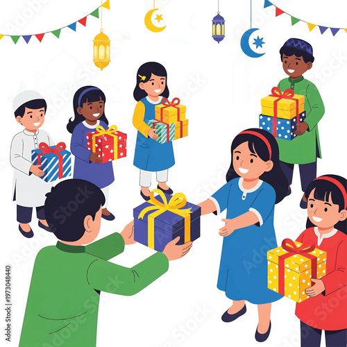 Children exchanging gifts with happy faces.