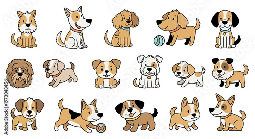 Playful cartoon dog breeds vector illustration set. Adorable collection of diverse canine characters ideal for pet-themed designs and children's content
