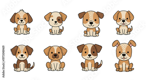 Adorable collection of eight cartoon puppy characters, each with unique brown and white markings, sitting and looking friendly, perfect for children's designs and pet-themed projects