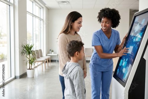 African american nurse helping caucasian woman and boy with electronic kiosk in hospital hall. Digital self service terminal for medical appointment. Healthcare technology assistance concept.