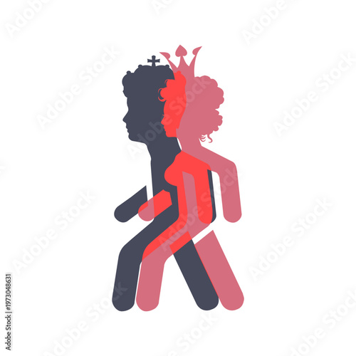 Queen and king. Happy valentines day and wedding design concept. Side view. Silhouettes of two people.