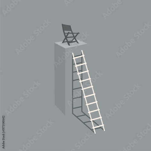 Stair leading to beach chaise longue for summer rest. Wooden deck chair on top of the bar. Vacation accessory. Summertime relax and achievement concept. Relaxation equipment.