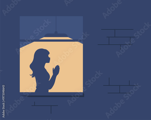 Peaceful woman silhouette praying against window. Believer with prayer hands show faith and religion. Superstition and high power. Religious art. Family scandal, crisis, domestic violence and abuse.