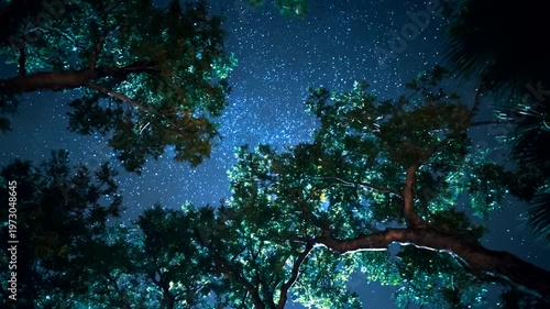 Starry Night Sky Viewed Through Lush Tree Canopy
