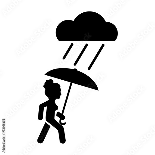 Woman with umbrella minimalist black silhouette icon. Figure in a walking motion, symbolizing movement, pedestrian activity.