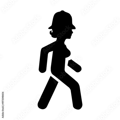 Metropolitan policewoman figure in a walking motion. Elegant monochrome silhouette.