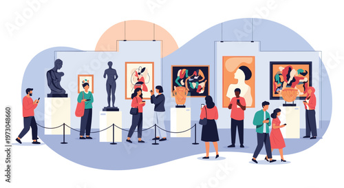 Visitors exploring an art museum or gallery viewing various paintings and sculptures while capturing photos with smartphones.