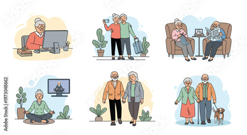 Diverse scenes of active elderly people using technology practicing yoga walking a dog and enjoying creative hobbies.